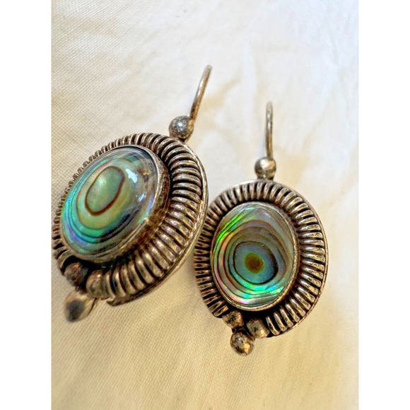 Abalone Inlays Sterling Silver Round French Wire Earrings Ocean Inspired - Picture 3 of 6